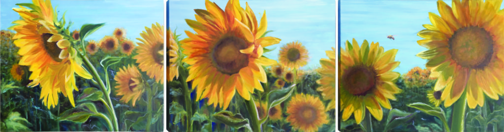Terri Schmitt oil painting of sunflowers triptych