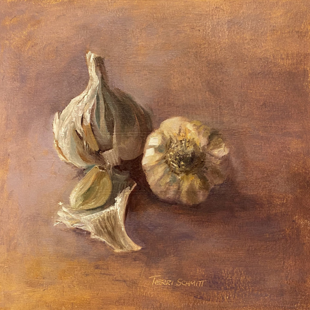 Oil Painting of vegetables Garlic Bulbs created by Terri Schmitt