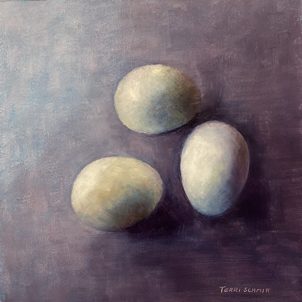 Oil Painting of vegetables Three Eggs created by Terri Schmitt